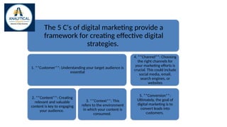 The 5 C's of digital marketing provide a
framework for creating effective digital
strategies.
1. **Customer**: Understandi...