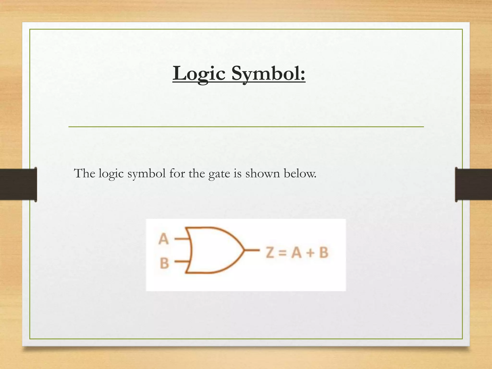 Logic Symbol:
The logic symbol for the gate is shown below.
 