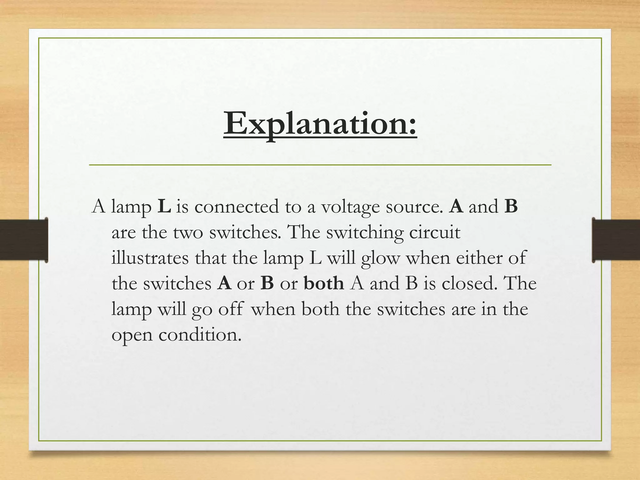 Explanation:
A lamp L is connected to a voltage source. A and B
are the two switches. The switching circuit
illustrates that the lamp L will glow when either of
the switches A or B or both A and B is closed. The
lamp will go off when both the switches are in the
open condition.
 