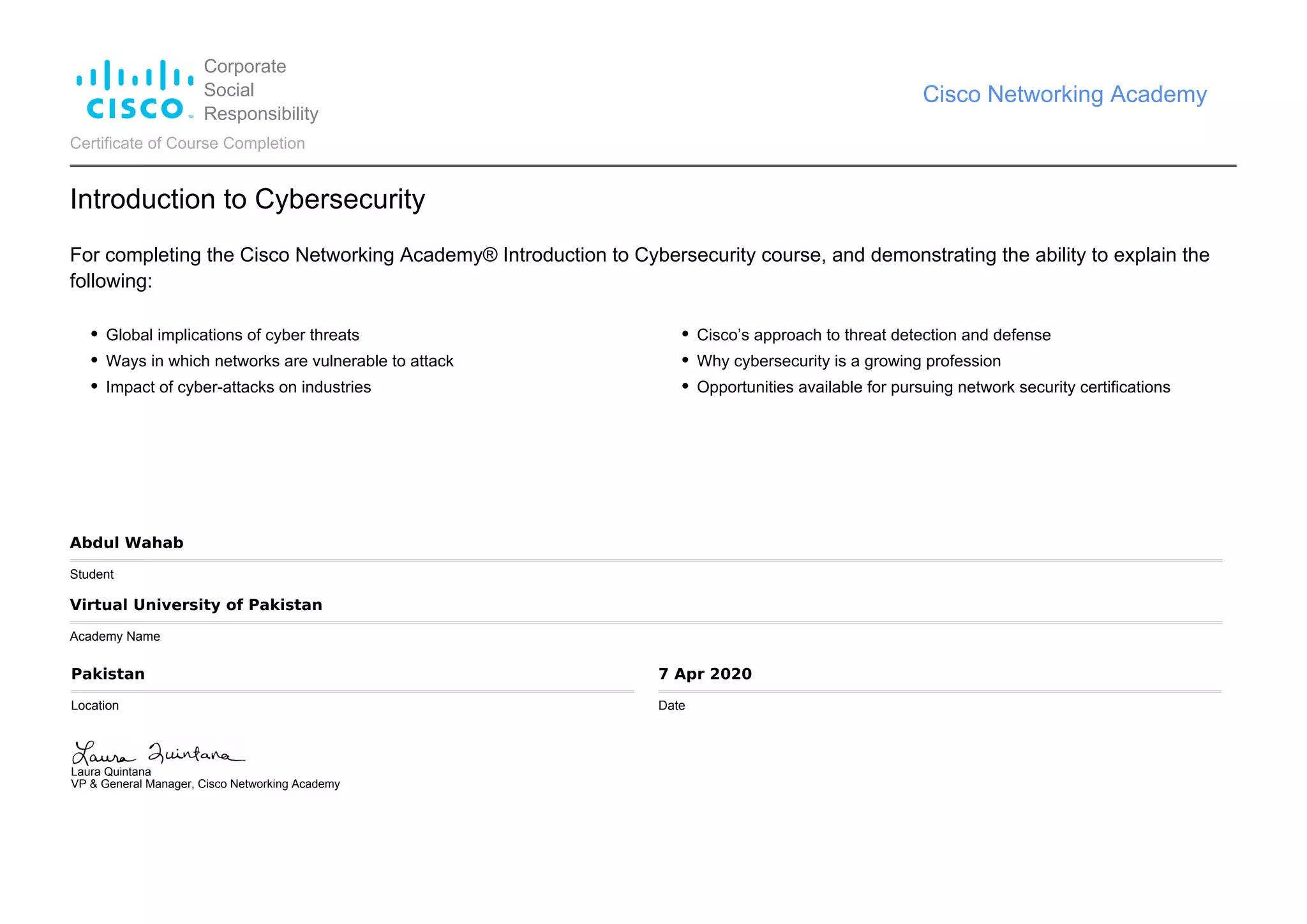 Introduction to Cybersecurity-certificate - Cisco SIgn | PDF