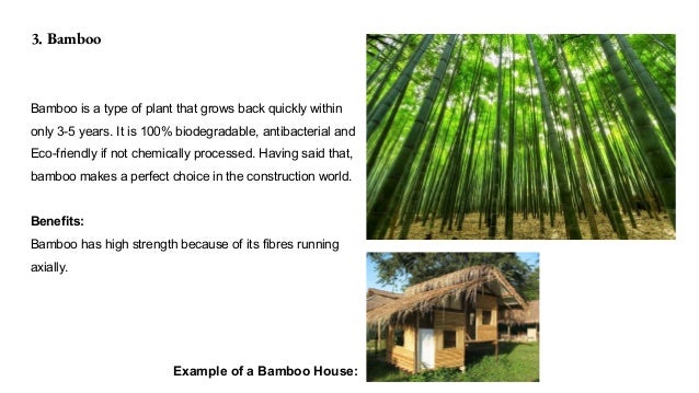 3. Bamboo
Bamboo is a type of plant that grows back quickly within
only 3-5 years. It is 100% biodegradable, antibacterial and
Eco-friendly if not chemically processed. Having said that,
bamboo makes a perfect choice in the construction world.
Benefits:
Bamboo has high strength because of its fibres running
axially.
Example of a Bamboo House:
 
