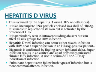 HEPATITIS D VIRUS
 This is caused by the hepatitis D virus (HDV or delta virus).
 It is an incomplete RNA particle enclosed in a shell of HBsAg.
It is unable to replicate on its own but is activated by the
presence of HBV.
 It is particularly seen in intravenous drug abusers but can
affect all risk groups for HBV infection.
 Hepatitis D viral infection can occur either as a co-infection
with HBV or as a superinfect ion in an HBsAg-positive patient..
 Diagnosis is confirmed by finding serum IgM anti-delta. Super
infection results in an acute flare-up of previously quiescent
chronic HBV infection. A rise in serum AST or ALT may
indication of infection.
 Fulminant hepatitis can follow both types of infection but is
more common after co-infection.
 