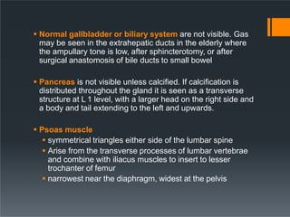  Normal gallbladder or biliary system are not visible. Gas
may be seen in the extrahepatic ducts in the elderly where
the ampullary tone is low, after sphincterotomy, or after
surgical anastomosis of bile ducts to small bowel
 Pancreas is not visible unless calcified. If calcification is
distributed throughout the gland it is seen as a transverse
structure at L 1 level, with a larger head on the right side and
a body and tail extending to the left and upwards.
 Psoas muscle
 symmetrical triangles either side of the lumbar spine
 Arise from the transverse processes of lumbar vertebrae
and combine with iliacus muscles to insert to lesser
trochanter of femur
 narrowest near the diaphragm, widest at the pelvis
 