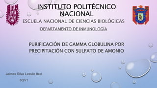 INSTITUTO POLITÉCNICO
NACIONAL
ESCUELA NACIONAL DE CIENCIAS BIOLÓGICAS
DEPARTAMENTO DE INMUNOLOGÍA
PURIFICACIÓN DE GAMMA GLOBULINA POR
PRECIPITACIÓN CON SULFATO DE AMONIO
Jaimes Silva Lesslie Itzel
6QV1
 