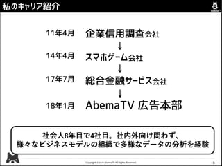 Copyright © 2018 AbemaTV All Rights Reserved. 3
社会人8年目で4社目。社内外向け問わず、
様々なビジネスモデルの組織で多様なデータの分析を経験
11年4月
14年4月
17年7月
18年1月
私のキャリア紹介
企業信用調査会社
スマホゲーム会社
総合金融サービス会社
AbemaTV 広告本部
 