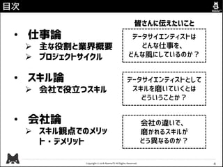 Copyright © 2018 AbemaTV All Rights Reserved.
データサイエンティストとして
スキルを磨いていくとは
どういうことか？
目次
4
• 仕事論
➢ 主な役割と業界概要
➢ プロジェクトサイクル
• スキル論
➢ 会社で役立つスキル
• 会社論
➢ スキル観点でのメリッ
ト・デメリット
データサイエンティストは
どんな仕事を、
どんな風にしているのか？
皆さんに伝えたいこと
会社の違いで、
磨かれるスキルが
どう異なるのか？
 