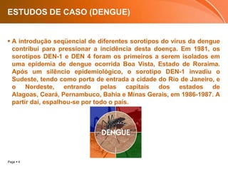 ESTUDOS DE CASO (DENGUE)A introdução seqüencial de diferentes sorotipos do vírus da dengue contribui para pressionar a incidência desta doença. Em 1981, os sorotipos DEN-1 e DEN 4 foram os primeiros a serem isolados em uma epidemia de dengue ocorrida Boa Vista, Estado de Roraima. Após um silêncio epidemiológico, o sorotipo DEN-1 invadiu o Sudeste, tendo como porta de entrada a cidade do Rio de Janeiro, e o Nordeste, entrando pelas capitais dos estados de Alagoas, Ceará, Pernambuco, Bahia e Minas Gerais, em 1986-1987. A partir daí, espalhou-se por todo o país. 
