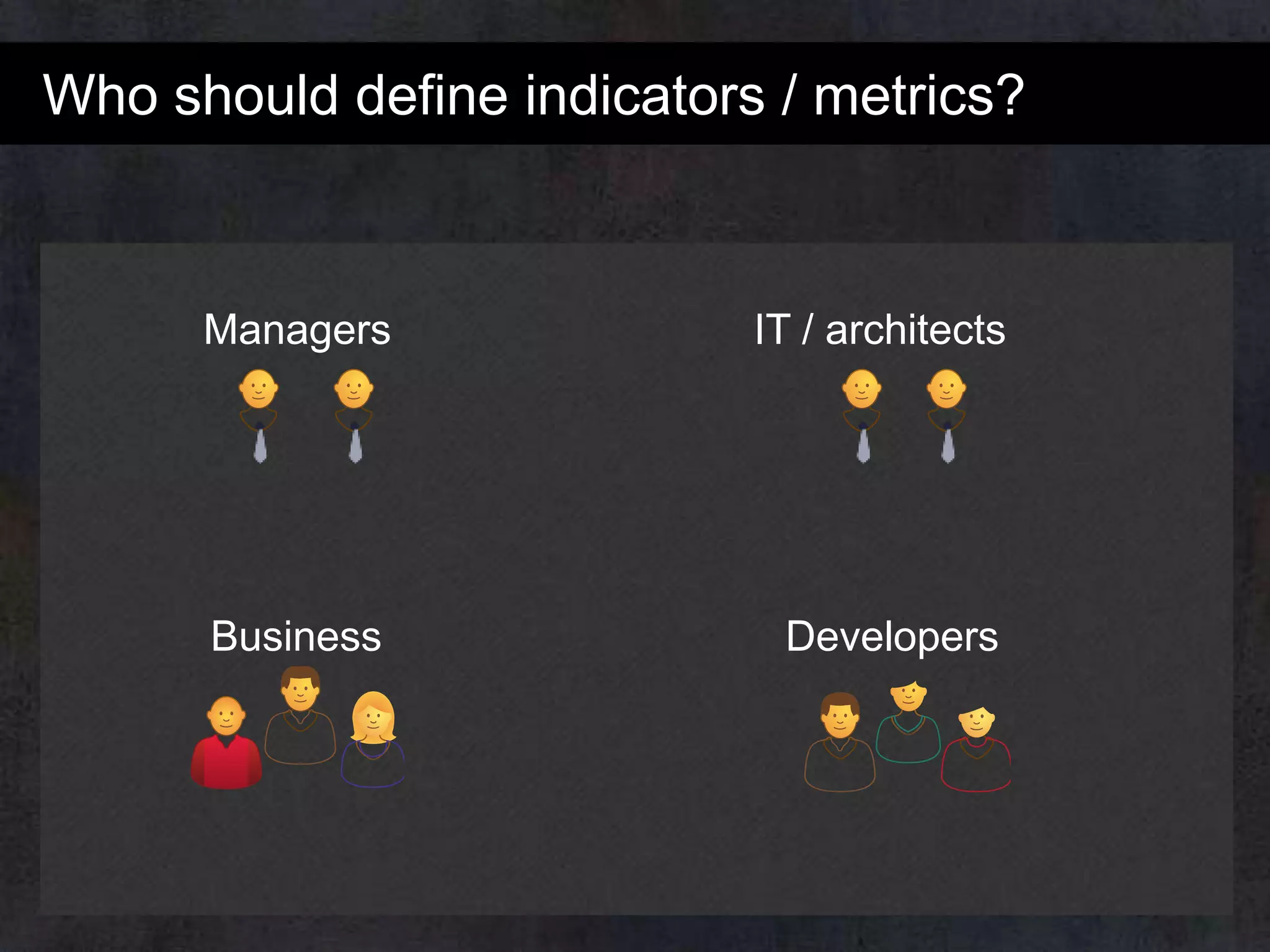 Who should define indicators / metrics?

Managers

IT / architects

Business

Developers

 
