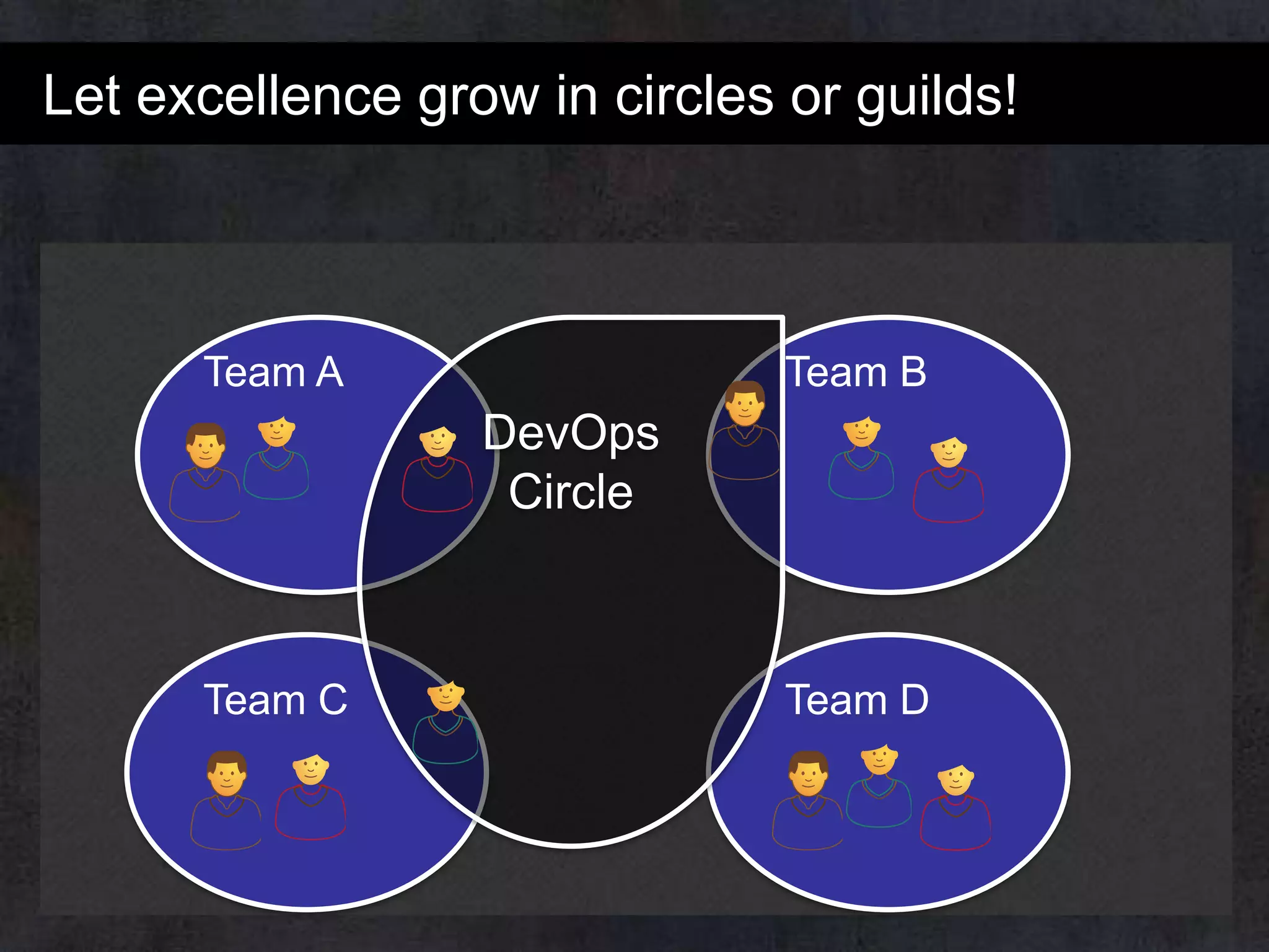 Let excellence grow in circles or guilds!

Team A

Team B

DevOps
Circle

Team C

Team D

 