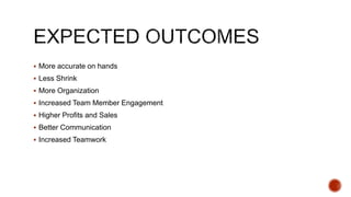  More accurate on hands
 Less Shrink
 More Organization
 Increased Team Member Engagement
 Higher Profits and Sales
 Better Communication
 Increased Teamwork
 