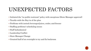  Initiated the "no public restroom" policy with exceptions (Store Manager approval)
 Trouble with the Buy-in of the plan
 Problems with instock beverages/juices, cooler, and freezer
 Staffing problemsscheduling issues
 Staff lackadaisical
 Leadership Conflict
 Store Manager Change
 Granted half of an overnight to try and fix backroom
 