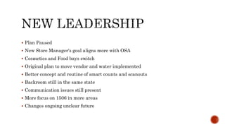  Plan Paused
 New Store Manager's goal aligns more with OSA
 Cosmetics and Food bays switch
 Original plan to move vendor and water implemented
 Better concept and routine of smart counts and scanouts
 Backroom still in the same state
 Communication issues still present
 More focus on 1506 in more areas
 Changes ongoing unclear future
 