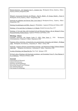 Βασική Ιστολογία υπό Junqueira Luis C. ,Carneiro Jose. Μετάφραση Κίττας Χρήστος, Αθήνα :
Ιατρικές Εκδόσεις Πασχαλίδη 2004
Wheater's Λειτουργική Ιστολογία υπό Wheater , Paul R., Burkitt , H. George, Daniels , Victor G.
Μετάφραση Κίττας Χρήστος, Αθήνα : Πασχαλίδης 2002
Ιστολογία του ανθρώπου υπό Stevens Alan, Lowe James S. Μετάφραση Κίττας , Χρήστος Αθήνα :
Πασχαλίδης 1998
Histology for pathologists υπό Mills , Stacey E., Philadelphia : Lippincott Williams & Wilkins c2007
Histology: A Text and Atlas by Johannes A. G. Rhodin, Oxford University Press 1977
Histology: A Text and Atlas with Correlated Cell and Molecular Biology, 6th ed, Michael H. Ross,
Wojciech Pawlina, Walters Kluwer, Lippincott Williams and Wilkins, 2011
Histology Atlases
Εγχειρίδιο ιστολογίας υπό Gartner Leslie P. 1943-, Hiatt James L. 1934- Μετάφραση
Αντωνακόπουλος , Γεώργιος Ν. Αθήνα : Παρισιάνος 1998
Έγχρωμος άτλας ιστολογίας, κυτταρολογίας και μικροσκοπικής ανατομικής υπό Kuhnel , Wolfgang
1950- Μετάφραση Κοντόπουλος , Αλέξανδρος Ν. Αθήνα : Λίτσας 1986
Ιστολογία : έγχρωμος άτλαντας μικροσκοπικής ανατομίας υπό Hammersen Frithjof, Sobotta Johannes
1869-1945, Μτάφραση Κοντόπουλος , Αλέξανδρος Ν. Αθήνα : Παρισιάνος 1988
An atlas of histology υπό Zhang Shu-Xin, New York : Springer c1999
Di Fiore's atlas of histology with functional correlations υπό Eroschenko Victor P., Fiore Mariano S.
H. di Baltimore : Williams & Wilkins c2008
Journals
Experimental Cell Research
Journal of Cell Science
Histology and Histopathology
Microscopy Research and Technique
The Anatomical Record
The Journal of Cell Biology
 