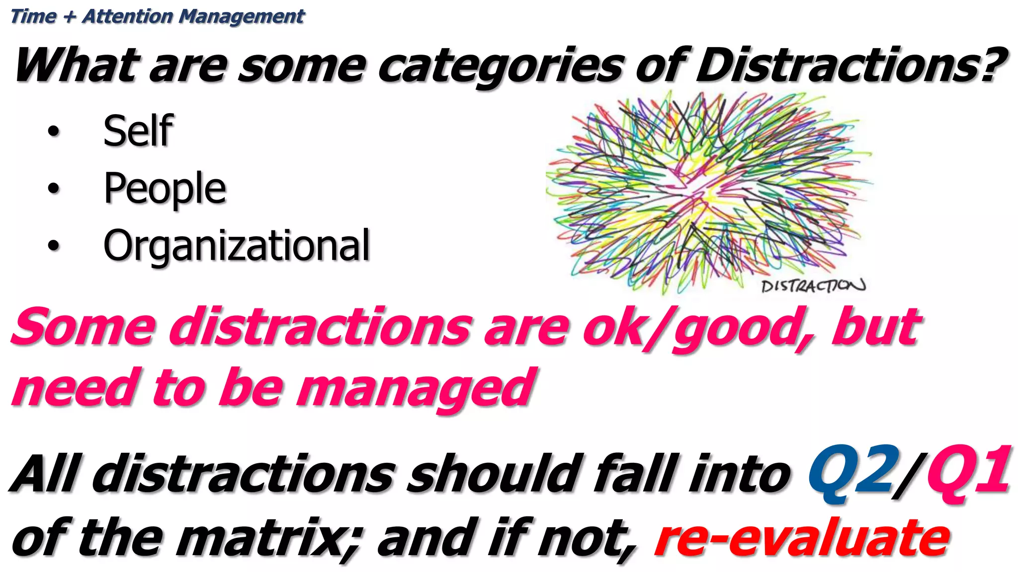 What are some categories of Distractions?
• Self
• People
• Organizational
Time + Attention Management
Some distractions are ok/good, but
need to be managed
All distractions should fall into Q2/Q1
of the matrix; and if not, re-evaluate
 