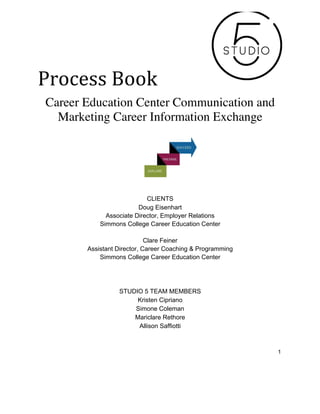 1
Process	
  Book	
  
Career Education Center Communication and
Marketing Career Information Exchange
	
  	
   	
  
	
  
CLIENTS
Doug Eisenhart
Associate Director, Employer Relations
Simmons College Career Education Center
Clare Feiner
Assistant Director, Career Coaching & Programming
Simmons College Career Education Center
STUDIO 5 TEAM MEMBERS
Kristen Cipriano
Simone Coleman
Mariclare Rethore
Allison Saffiotti
 