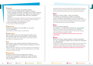 Bobo
1.  e terme bobo, contraction de bourgeois-bohème,
L
est issu d'un livre de David Brooks « Bobos in Paradise ».
L'auteur entendait caractériser et regrouper sous ce terme l'évolution
et la transformation du groupe des « Yuppies » des années 1980.
Ce terme trouve un équivalent anglo-saxon dans l'appelation
« Hipster ».
1.  ipster. Short for bourgeois-bohème and derived from David Brooks’s
H
book, Bobos in Paradise, in which the author traced the evolution
and transformation of the Yuppies of the 1980s.
2.  eut aussi designer une petite blessure.
P
2. A cut, scrape, or other minor wound.

Restaurants that are open all day (with no break between lunch and
dinner) and late into the night. Most offer traditional French dishes
such as steak tartar, oysters, coq au vin, and choucroute garnie.
BTP
Bâtiments et Travaux Publics : secteur économique
qui regroupe les entreprises en charge de construction
ou de la conception des bâtiments et de leurs infrastructures.
Bâtiments et Travaux Publics (building and public works). A sector of
the economy made up of firms that design and construct buildings
and infrastructure such as roads and bridges.
BTS
Brevet de Technicien Supérieur.
Il se prépare en 2 années après l'obtention du #baccalauréat .
Brevet de Technicien Supérieur (higher technical certificate).
The BTS is earned in two years of postsecondary study, typically
directly after leaving secondary school
www.campusfrance.org/fr/ressource/les-brevets-de-techniciensuperieur-bts

Bon plan
Expression qui désigne une bonne affaire, ou une astuce
de la vie quotidienne.
A good deal or a clever shortcut or workaround.
Boui-boui
Type de #café , de bar ou de petit restaurant simple et local.
Dans certaines villes il peut aussi désigner un petit commerce.
An unfancy local café, bar, or restaurant. In some cities, the term
also refers to a small grocery store.
BP
Boîte postale : code numérique situé dans l’adresse pour envoi
d’un courrier. Également un casier postal pour réception du courrier
hors du logement.
Boîte postale (post office box). A number appearing in the address of
a letter or package. Individuals may rent locked boxes at a post office
in which to receive their mail.

BTSA
Brevet de Technicien Supérieur Agricole. Formation spécialisée,
en 2 ans, de technicien supérieur dans le domaine de l'agriculture,
de l'agroalimentaire.
Brevet de Technicien Supérieur Agricole (higher technical agricultural
certificate). A specialized 2-year postsecondary technical degree
program in agriculture, food processing, and environmental studies.
www.campusfrance.org/fr/ressource/agriculture-agroalimentaire

Brasseries
Restaurants ouverts toute la journée (service continu),
et tard le soir. Ils proposent en général de la cuisine française,
avec des plats traditionnels : steak tartare, huitres, coq au vin,
choucroute garnie…

18

culture

logement

lois/règlements

santé

transport/voyages

études

vie quotidienne

19

 