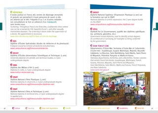 Dépistage
Il existe partout en France des centres de dépistage anonymes
et gratuits qui permettent à toute personne de savoir si elle
est atteinte par le VIH, l'hépatite B ou C et d'autres maladies.
Les consultations se font en présence d'un #médecin ,
sans rendez-vous.
Screening. Throughout France one finds free, confidential clinics where
one can be screened for HIV, hepatitis B and C, and other sexually
transmitted diseases. The screening is done under the supervision of
a doctor. No appointment is necessary.
www.sida-info-service.org/?Ou-faire-un-test-de-depistage
DES
Diplôme d’Études Spécialisées (études de médecine et de pharmacie).
A degree issued by schools of medicine and pharmacy.
www.campusfrance.org/fr/ressource/medecine
DEUST
Diplôme d’Études Universitaires Scientifiques et Techniques (2 ans).
University diploma of scientific and technical studies, a 2-year
undergraduate degree.
DMA
Diplôme des Métiers d'Art (2 ans).
Diploma in crafts, a 2-year undergraduate degree.
www.institut-metiersdart.org

DNSEP
Diplôme National Supérieur d’Expression Plastique (2 ans) est
la formation qui suit le DNAT.
National diploma in artistic expression, this 2-year degree builds
on the DNAT.
www.campusfrance.org/fr/ressource/les-diplômes-dart
DPLG
Diplômé Par Le Gouvernement, qualifie des diplômes spécifiques
(ex. architecte, géomètre, etc.).
Government-issued diploma, used to identify certain degrees
(in architecture or surveying, for example) as being conferred
by the government.
DOM-TOM et COM
Départements d'Outre-Mer, Territoires d'Outre-Mer et Collectivités
d'outre-mer : Guadeloupe, Guyane Martinique, Mayotte, NouvelleCalédonie, La Réunion, Saint-Barthélemy, Saint-Martin, Saint-Pierreet-Miquelon, Polynésie française et Wallis-et-Futuna.
Overseas departments, territories, and collectivities. Former colonies
that remain French territories: Guadeloupe, Martinique, French
Guiana, Réunion, Mayotte, Saint-Pierre and Miquelon,
Saint Barthélemy, Saint Martin, Wallis and Futuna, French Polynesia,
and New Caledonia.
www.outre-mer.gouv.fr

Marché de Grand-Bourg à Marie-Galante (Guadeloupe)/
Grand-Bourg’s market in Marie-Galante
(Guadeloupe, French Caribbean) ©campusfrance

DNAP
Diplôme National d’Arts Plastiques (3 ans).
National diploma in visual arts, a 3-year undergraduate degree.
www.campusfrance.org/fr/ressource/les-diplômes-dart
DNAT
Diplôme National d’Arts et Techniques (3 ans).
National diploma in technical arts, a 3-year undergraduate degree
in applied arts.
www.campusfrance.org/fr/ressource/les-diplômes-dart

40

culture

housing

laws and regulations

health

transportation and travel

academics

daily life

41

 