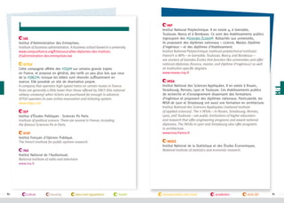 i
IAE
Institut d’Administration des Entreprises.
Institute of business administration. A business school based in a university.
www.campusfrance.org/fr/ressource/les-diplomes-des-institutsd’administration-des-entreprises-iae
IdTGV
Cette compagnie affrète des #TGV sur certains grands trajets
en France, et propose en général, des tarifs un peu plus bas que ceux
de la #SNCF , lorsque les billets sont réservés suffisamment en
avance. Elle possède un site de réservation propre.
A company that operates high-speed trains on certain routes in France.
Fares are generally a little lower than those offered by SNCF (the national
railway company) when tickets are purchased far enough in advance.
IDTGV operates its own online reservation and ticketing system.
www.idtgv.com
IEP
Institut d’Études Politiques - Sciences Po Paris.
Institute of political science. There are several in France, including
the famous Sciences Po in Paris.
IFOP
Institut Français d'Opinion Publique.
The French institute for public opinion research.

culture

housing

laws and regulations

INSA
Institut National des Sciences Appliquées. Il en existe à Rouen,
Strasbourg, Rennes, Lyon et Toulouse. Ces établissements publics
de recherche et d'enseignement dispensent des formations
d’ingénieur et proposent des diplômes nationaux. Particularité, les
INSA de Lyon et Strasbourg ont aussi une formation en architecture.
Institut National des Sciences Appliquées (national institute
of applied sciences). The 5 INSAs—in Rouen, Strasbourg, Rennes,
Lyon, and Toulouse—are public institutions of higher education
and research that offer engineering programs and award national
diplomas. The INSAs in Lyon and Strasbourg also offer programs
in architecture.
www.insa-france.fr
INSEE
Institut National de la Statistique et des Études Économiques.
National institute of statistics and economic research.

INA
Institut National de l'Audiovisuel.
National institute of radio and television.
www.ina.fr

60

INP
Institut National Polytechnique. Il en existe 4, à Grenoble,
Toulouse, Nancy et à Bordeaux. Ce sont des établissements publics
regroupant des #Grandes Écoles . Rattachés aux universités,
ils proposent des diplômes nationaux – Licence, Master, Diplôme
d'ingénieur – et des diplômes d'établissement.
Institut National Polytechnique (national polytechnical institute).
France’s 4 INPs—in Grenoble, Toulouse, Nancy, and Bordeaux—
are clusters of Grandes Écoles that function like universities and offer
national diplomas (licence, master, and diplôme d’ingénieur) as well
as institution-specific degrees.
www.reseau-inp.fr

health

transportation and travel

academics

daily life

61

 