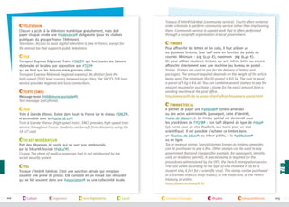 Télévision
Chacun a accès à la télévision numérique gratuitement, mais doit
payer chaque année une #redevance obligatoire (pour les chaînes
publiques du groupe France Télévision).
Television. Access to basic digital television is free in France, except for
the annual tax that supports public television.
TER
Transport Express Régional. Trains #SNCF qui font toutes les liaisons
régionales et locales, par opposition aux #TGV
qui ne font que les liaisons entre grandes villes.
Transport Express Régional (regional express). As distinct from the
high-speed (TGV) lines running between large cities, the SNCF’s TER train
service provides regional and local connections.
Texto (SMS)
Message texte (#téléphone portable ).
Text message (cell phone).
TGV
Train à Grande Vitesse. Existe dans toute la France sur le réseau #SNCF ,
et accessible avec la #carte 18-27 .
Train à Grande Vitesse (high-speed train). SNCF provides high-speed train
service throughout France. Students can benefit from discounts using the
18–27 card.
Ticket modérateur
Part des dépenses de santé qui ne sont pas remboursés
par la Sécurité Sociale (#sécu’ ).
Co-pay. The share of medical expenses that is not reimbursed by the
social security system.
TIG
Travaux d'Intérêt Général. C’est une sanction pénale qui remplace
souvent une peine de prison. Elle consiste en un travail non rémunéré
qui se fait souvent dans une #association ou une collectivité locale.

102

culture

logement

lois/règlements

santé

Travaux d'Intérêt Général (community service). Courts often sentence
order criminals to perform community service rather than imprisoning
them. Community service is unpaid work that is often performed
through a nonprofit organization or local government.
Timbre
Pour affranchir les lettres et les colis, il faut utiliser un
ou plusieurs timbres. Leur tarif varie en fonction du poids du
courrier. Minimum : 20g (0,56 €), maximum 3kg (6,40 €).
On peut utiliser plusieurs timbres sur une même lettre ou encore
affranchir directement avec une machine (au bureau de poste) .
Stamp. Stamps are used to pay for the delivery of letters and
packages. The amount required depends on the weight of the article
being sent. The minimum (for 20 grams) is €0.56. The cost to send
a parcel of 3 kg is €6.40. You can combine several stamps to pay the
amount required or purchase a stamp for the exact amount from a
vending machine at the post office.
http://www.tarifs-de-la-poste.fr/tarif-affranchissement-postal.html
Timbre fiscal
Il permet de payer une #amende (timbre-amende)
ou des actes administratifs (passeport, carte d’identité,
#carte de séjour …). Un timbre spécial est demandé pour
les procédures de l’#OFII : son tarif dépend du type de #visa
(56 euros pour un visa étudiant, 241 euros pour un visa
scientifique). Il est possible d’acheter ce timbre dans
un #bureau de tabac , au trésor public, à la #préfecture
ou en ligne.
Tax or revenue stamp. Special stamps known as timbres-amendes
can be purchased to pay a fine. Other stamps can be used to pay
government fees and charges (for example, for a passport, identity
card, or residency permit). A special stamp is required for the
procedures administered by the OFII, the French immigration service.
The cost varies according to the type of visa involved (€56 for a
student visa, €241 for a scientific visa). This stamp can be purchased
at a licensed tobacco shop (tabac), at the prefecture, at the French
treasury, or online.
https://www.timbresofii.fr/

transport/voyages

études

vie quotidienne

103

 