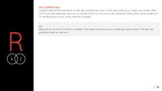 RA Z-
RIG (CAMÉRA 360)
Support permettant de placer toutes les caméras les unes à côté des autres pour créer une caméra 360.
On trouve des exemples dans le cas de Rig GoPro (on en trouve de toutes les tailles allant de 6 caméras à
16 caméras pour le rig Jump créé par Google).
RV
Abréviation du terme "réalité virtuelle". Il est, dans les faits, moins utilisé que l’abréviation "VR" par les
professionnels du secteur.
S
 