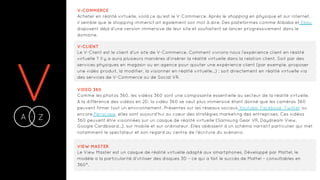 VA Z-
V-COMMERCE
Acheter en réalité virtuelle, voilà ce qu’est le V-Commerce. Après le shopping en physique et sur internet,
il semble que le shopping immersif ait également son mot à dire. Des plateformes comme Alibaba et Ebay
disposent déjà d’une version immersive de leur site et souhaitent se lancer progressivement dans le
domaine.
V-CLIENT
Le V-Client est le client d'un site de V-Commerce. Comment vivrons-nous l’expérience client en réalité
virtuelle ? Il y a aura plusieurs manières d’insérer la réalité virtuelle dans la relation client. Soit par des
services physiques en magasin ou en agence pour ajouter une expérience client (par exemple, proposer
une vidéo produit, la modifier, la visionner en réalité virtuelle…) ; soit directement en réalité virtuelle via
des services de V-Commerce ou de Social VR.
VIDEO 360
Comme les photos 360, les vidéos 360 sont une composante essentielle au secteur de la réalité virtuelle.
A la différence des vidéos en 2D, la vidéo 360 se veut plus immersive étant donné que les caméras 360
peuvent filmer tout un environnement. Présentes sur les réseaux sociaux Youtube, Facebook, Twitter ou
encore Periscope, elles sont aujourd’hui au coeur des stratégies marketing des entreprises. Ces vidéos
360 peuvent être visionnées sur un casque de réalité virtuelle (Samsung Gear VR, Daydream View,
Google Cardboard…), sur mobile et sur ordinateur. Elles obéissent à un schéma narratif particulier qui met
notamment le spectateur et son regard au centre de l’écriture du scénario.
VIEW MASTER
Le View Master est un casque de réalité virtuelle adapté aux smartphones. Développé par Mattel, le
modèle a la particularité d’utiliser des disques 3D – ce qui a fait le succès de Mattel – consultables en
360°.
 