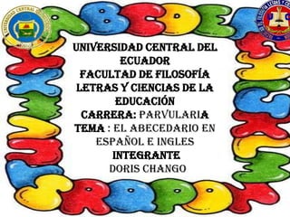 UNIVERSIDAD CENTRAL DEL
         ECUADOR
  FACULTAD DE FILOSOFÍA
 LETRAS Y CIENCIAS DE LA
        EDUCACIÓN
  CARRERA: PARVULARIA
TEMA : EL ABECEDARIO EN
    ESPAÑOL E INGLES
       INTEGRANTE
      Doris chango
 