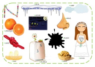 NIEVE
                                       NUBE




              NOCHE
                                 NARIZ




NARANJA


                               NEGRO

NUDO




                                              NOVIA
       NIDO           NEVERA   NUEZ
 