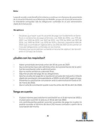 ¿Cuáles son los requisitos?
4
• Deudores que hayan suscrito acuerdo de pago con fundamento en bene-
ﬁcios o condiciones de pago anteriores: Ley 1066 de 2006, Ley 1175 de
2007, Ley 1430 de 2010, Ley 1607 de 2012, Ley 1739 de 2014, Ley 1819 de
2016, Ley 1943 de 2018, Ley 2010 de 2019 y Decreto Legislativo 688 de
2020, que a la entrada en vigencia de la Ley 2155 de 2021 se encuentran en
mora por obligaciones contenidas en los mismos.
• Procesos que se encuentren surtiendo el recurso de súplica o de revisión
ante el Consejo de Estado.
No aplica a:
• Haber presentado demanda antes del 30 de junio de 2021.
• Que la demanda haya sido admitida antes de la presentación de la solici-
tud de conciliación ante la administración.
• Que no exista sentencia o decisión ﬁnal.
• Adjuntar prueba del pago de las obligaciones.
• Aportar prueba del pago de la liquidación privada del impuesto o tributo
objeto de conciliación correspondiente al 2020 o al año 2021 según el caso.
• Presentar la solicitud de conciliación ante la administración hasta el 31
de marzo de 2022.
• Que el acta de conciliación quede suscrita antes del 30 de abril de 2022.
Tenga en cuenta
• El plazo máximo para solicitar la conciliación es el 31 de marzo de 2022 y
el plazo para suscribir el acta es el 30 de abril de 2022.
• Los contribuyentes podrán suscribir acuerdos de pago los cuales no
podrán exceder el término de doce (12) meses contados a partir de la
suscripción del mismo.
Luego de acceder a este beneficio le invitamos a continuar con el proceso de saneamiento
de su situación tributaria con el Municipio de Medellín, ya que con el acta de terminación
se entenderán extinguidas sólo las obligaciones contenidas en el acto administrativo
objeto de la transacción.
Nota:
 
