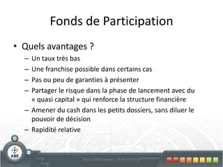 20Fonds deParticipation« Multiplicateur de fonds propres »Instrument fédéral (dernière banque publique)Prêts subordonnés pour PME et indépendantsTaux favorables … garanties limitéesFranchise de remboursement en capital possibleComité de crédit pointuRapidité du traitement « Multiplicateur de fonds propres »Prêts = maximum le prêt bancaire ou l’intervention du Business Angel + entrepreneurBruno Wattenbergh – 24 février 2010