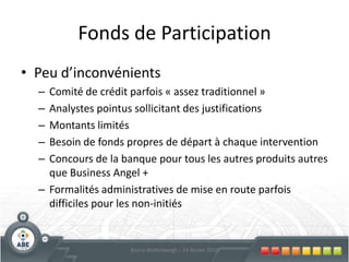 Fonds de ParticipationMicro-crédit pour financer l’autocréation d’emploiPrêt Lancement - Prêt Solidaire - Plan jeunes indépendantsCofinancement du crédit : crédit professionnel  banque + FP Starteo – Optimeo – InitioCasheoCofinancement du capital à risqueBusiness Angels +21Bruno Wattenbergh – 24 février 2010