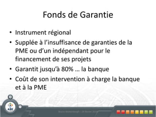 Starteo & OptimeoTaux d’intérêt : 3% pendant 2 ans Taux du crédit bancaire accompagnant -1 ,25% (avec un plancher équivalent au BEPR, ne dépasse jamais le taux bancaire)Remboursement :Mensuel ou trimestrielGaranties :Souplesse …Exemple : cautionnement, mandat hypothécaire, acte de cession de salaire, blocage et subordination des avances associés24Bruno Wattenbergh – 24 février 2010