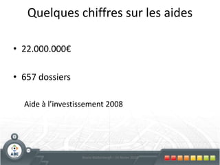 Encadrement et transmission du savoirAide au tutorat (stagiaire ou candidat repreneur)PME dans secteurs admisForfait mensuel de 1000€, Max 24.000/ anAide à la formation externePME dans secteur admis50%, plafonnés à 5.000€ par action de formationMax 3x /anCaractère urgent ou exceptionnelOrganisme indépendant, 2 ans d’expérience, référencesAide à la mise à disposition d’installations ou d’outillageToute entreprise bruxelloiseAide = coût réel de la mise à dispositionMax 500€/ jour et 25.000€/an62Bruno Wattenbergh – 24 février 2010