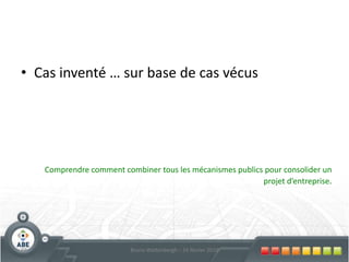 R&D: protection des droits PIL’aide : un subsideSi résultat d’une recherche industrielle financée par l’IRSIB :70% pour une petite entreprise60% pour une moyenne entreprise+ 15% (limité à 80%) si collaborati° avec un organisme de rechercheSi résultat d’un développement expérimental financé par l’IRSIB :45% pour une petite entreprise35% pour une moyenne entreprise+ 15% (limité à 80%) si collaboration avec un organisme de rechercheSi résultat de tout autre projet de RD&I :45% pour une petite entreprise35% pour une moyenne entreprise+ 15% (max 80%) si collaborat° avec un organisme de recherche72Bruno Wattenbergh – 24 février 2010NEW