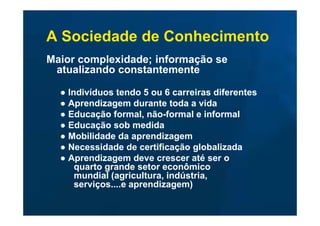 A Sociedade de Conhecimento
Maior complexidade; informação se
 atualizando constantemente

  ● Indivíduos tendo 5 ou 6 carreiras diferentes
  ● Aprendizagem durante toda a vida
  ● Educação formal, não-formal e informal
  ● Educação sob medida
  ● Mobilidade da aprendizagem
  ● Necessidade de certificação globalizada
  ● Aprendizagem deve crescer até ser o
      quarto grande setor econômico
      mundial (agricultura, indústria,
      serviços....e aprendizagem)
 