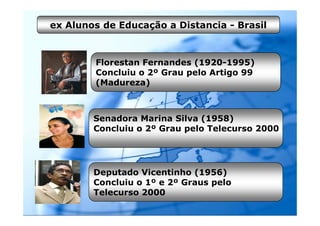 ex Alunos de Educação a Distancia - Brasil



        Florestan Fernandes (1920-1995)
        Concluiu o 2º Grau pelo Artigo 99
        (Madureza)



        Senadora Marina Silva (1958)
        Concluiu o 2º Grau pelo Telecurso 2000




        Deputado Vicentinho (1956)
        Concluiu o 1º e 2º Graus pelo
        Telecurso 2000
 