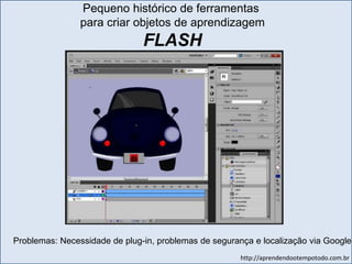 http://aprendendootempotodo.com.br
Problemas: Necessidade de plug-in, problemas de segurança e localização via Google
Pequeno histórico de ferramentas
para criar objetos de aprendizagem
FLASH
 