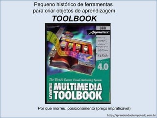 http://aprendendootempotodo.com.br
Por que morreu: posicionamento (preço impraticável)
Pequeno histórico de ferramentas
para criar objetos de aprendizagem
TOOLBOOK
 