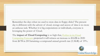 Remember the days when we used to store data in floppy disks? The present
day is different-with the advent of cloud, storage and access of data is no more
an arduous task. Whether it is big corporations or individuals, everyone is
leveraging the power of Cloud.
The impact of Cloud Computing is so high that, Forbes in its Cloud
Computing Forecasts projected it will witness an increase to $162B in 2020
from $67B in 2015attaining a compound annual growth rate (CAGR) of 19%.
 