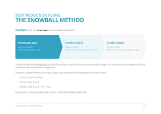 DEBT REDUCTION PLANS
THE SNOWBALL METHOD
Example: Judy has three loans she would like to eliminate:



   Personal Loan                                        Credit Card A                          Credit Card B
   Balance: $1000                                       Balance: $500                          Balance: $300
   Monthly minimum: $20                                 Monthly minimum repayment: $15         Monthly minimum repayment: $10




Thanks to some basic budgeting Judy can afford to pay a total of $100 a month towards her debt. This means she has an additional $55 to
contribute over the minimum repayments.

Using the snowball method, this means Judy would contribute the following amounts per month:

  •	 $20 to the personal loan

  •	 $15 to Credit Card A

  •	 $65 to Credit Card B ($10 + $55)

By doing this, in approximately five months, Credit Card B will be paid in full.




© Copyright creditworld 2012                                                                                                        13
 