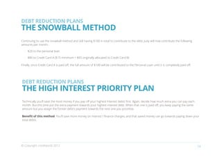 DEBT REDUCTION PLANS
THE SNOWBALL METHOD
Continuing to use the snowball method and still having $100 in total to contribute to the debt, Judy will now contribute the following
amounts per month:

  •	 $20 to the personal loan

  •	 $80 to Credit Card A ($15 minimum + $65 originally allocated to Credit Card B)

Finally, once Credit Card A is paid off, the full amount of $100 will be contributed to the Personal Loan until it is completely paid off.




DEBT REDUCTION PLANS
THE HIGH INTEREST PRIORITY PLAN
Technically you’ll save the most money if you pay off your highest interest debts first. Again, decide how much extra you can pay each
month. But this time put the extra payment towards your highest interest debt. When that one is paid off, you keep paying the same
amount but you assign the former debt’s payment towards the next one you prioritise.

Benefit of this method: You’ll save more money on interest / finance charges, and that saved money can go towards paying down your
total debts.




© Copyright creditworld 2012                                                                                                                 14
 