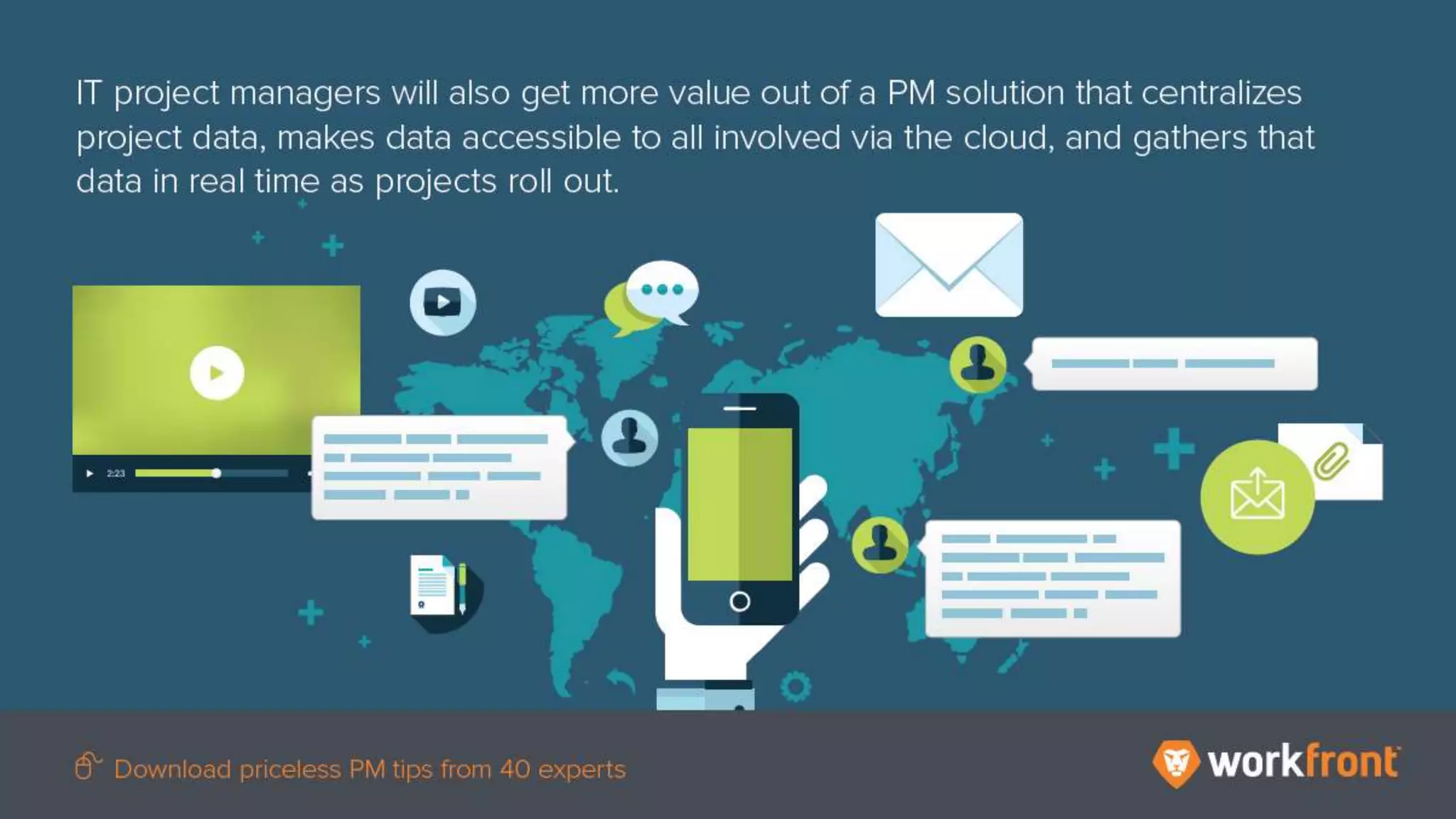 IT project managers will also get more value out of a PM solution that centralizes project
data, makes data accessible to involved via the cloud, and gathers that data in real time as
projects roll out.
 