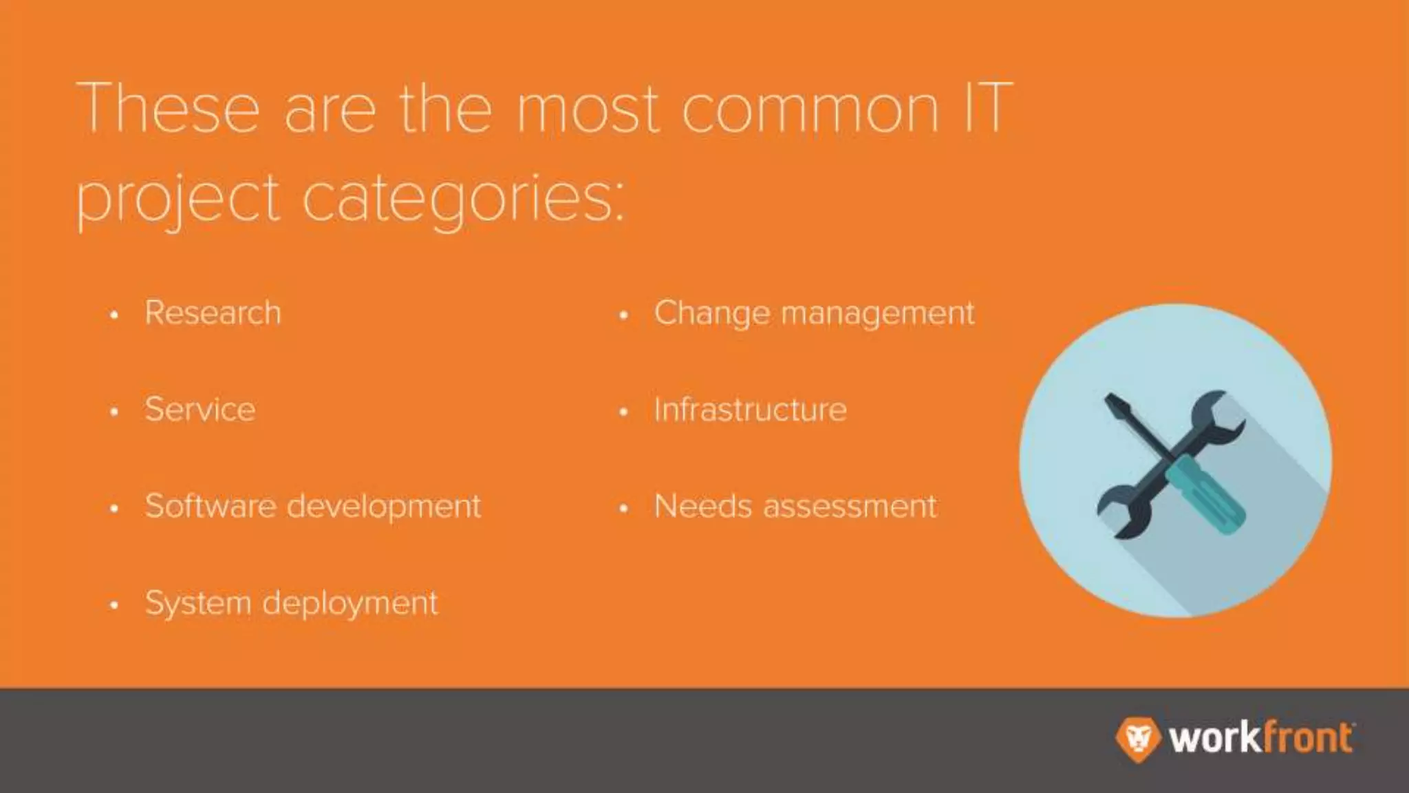 These are the most common IT project
categories:
- Research
- Service
- Software development
- System deployment
- Change management
- Infrastructure
- Needs assessment
 