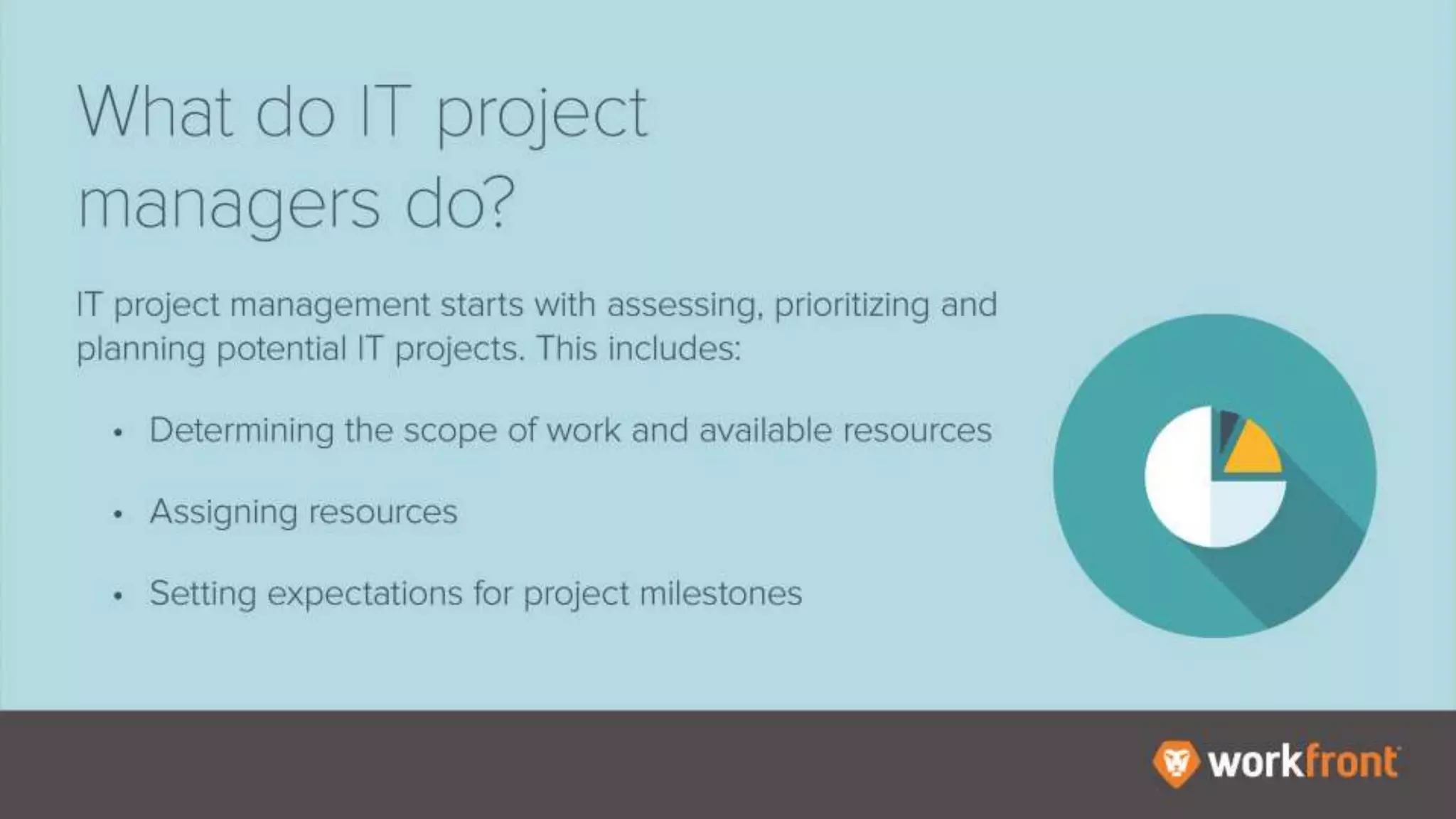 What do IT project managers do?
IT project management starts with
assessing, prioritizing, and planning
potential IT projects. This includes:
- Determining the scope of work and
available resources
- Assigning resources
- Setting expectations for project
milestones
 