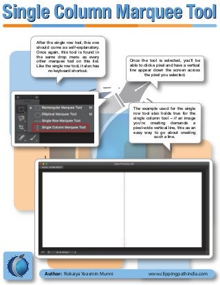 After the single row tool, this one
should come as self-explanatory.
Once again, this tool is found in
the same drop menu as every
other marquee tool on this list.
Like the single row tool, it also has
no keyboard shortcut.
Once the tool is selected, you’ll be
able to click a pixel and have a vertical
line appear down the screen across
the pixel you selected.
The example used for the single
row tool also holds true for the
single column tool – if an image
you’re creating demands a
pixel-wide vertical line, this as an
easy way to go about creating
such a line.
Author: Rokaiya Yeasmin Munni www.clippingpathindia.com
Single Column Marquee ToolSingle Column Marquee Tool
 