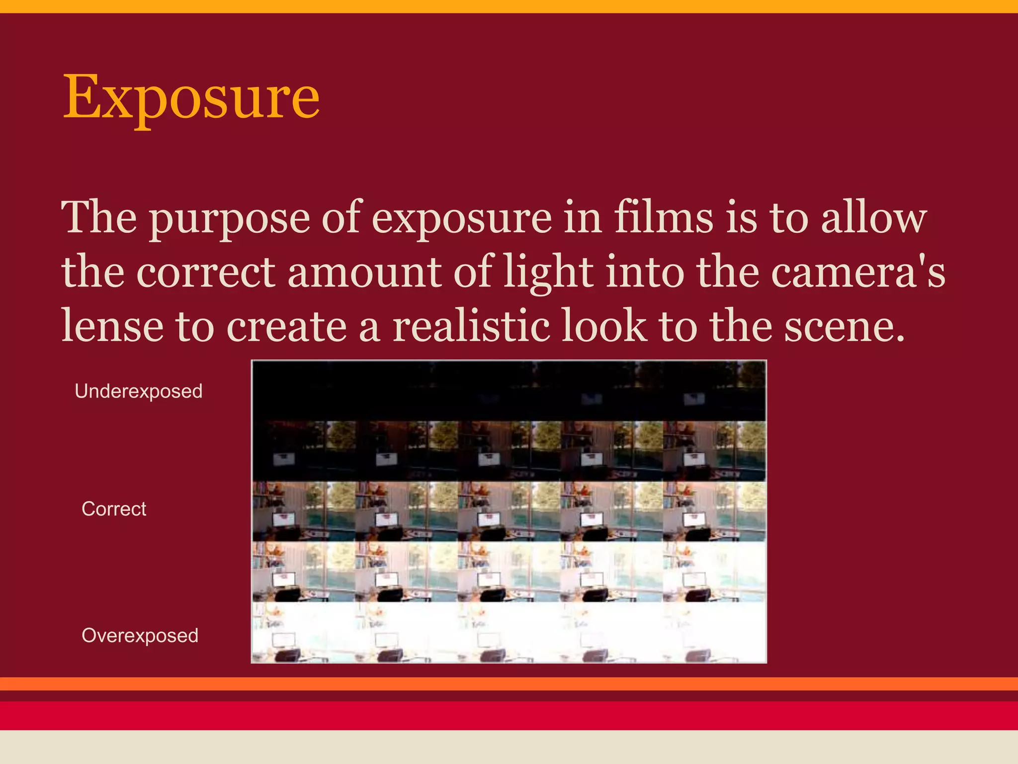 Exposure
The purpose of exposure in films is to allow
the correct amount of light into the camera's
lense to create a realistic look to the scene.
Underexposed
Correct
Overexposed
 