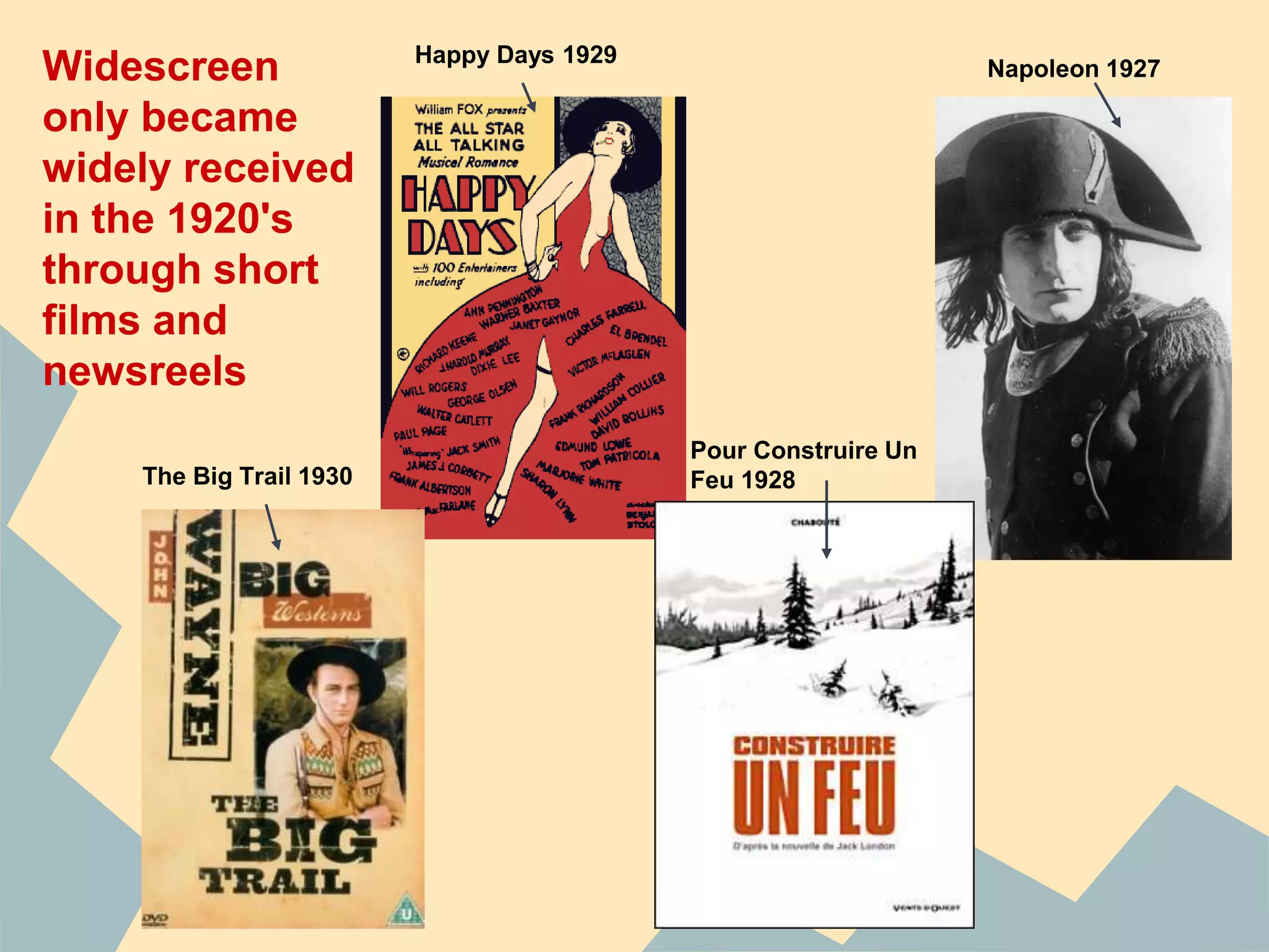 Napoleon 1927Widescreen
only became
widely received
in the 1920's
through short
films and
newsreels
Pour Construire Un
Feu 1928
Happy Days 1929
The Big Trail 1930
 