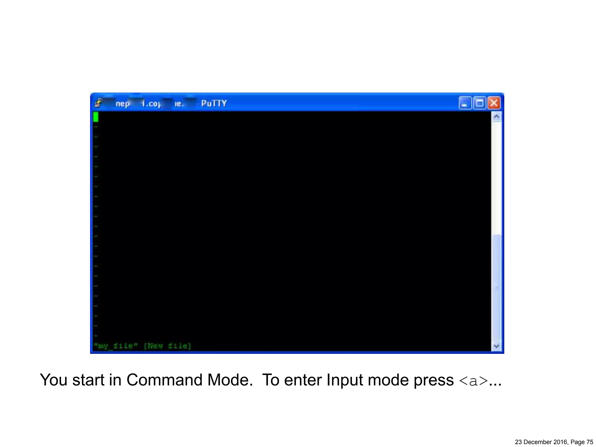 23 December 2016, Page 75
You start in Command Mode. To enter Input mode press <a>...
 
