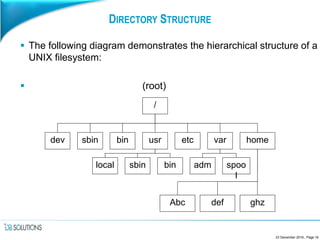 DIRECTORY STRUCTURE
 The following diagram demonstrates the hierarchical structure of a
UNIX filesystem:
 (root)
23 December 2016,, Page 16
/
usrdev
local
varetc homesbin bin
binsbin spoo
l
adm
ghzAbc def
 