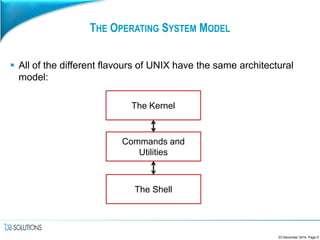 THE OPERATING SYSTEM MODEL
 All of the different flavours of UNIX have the same architectural
model:
23 December 2016, Page 9
The Kernel
Commands and
Utilities
The Shell
 