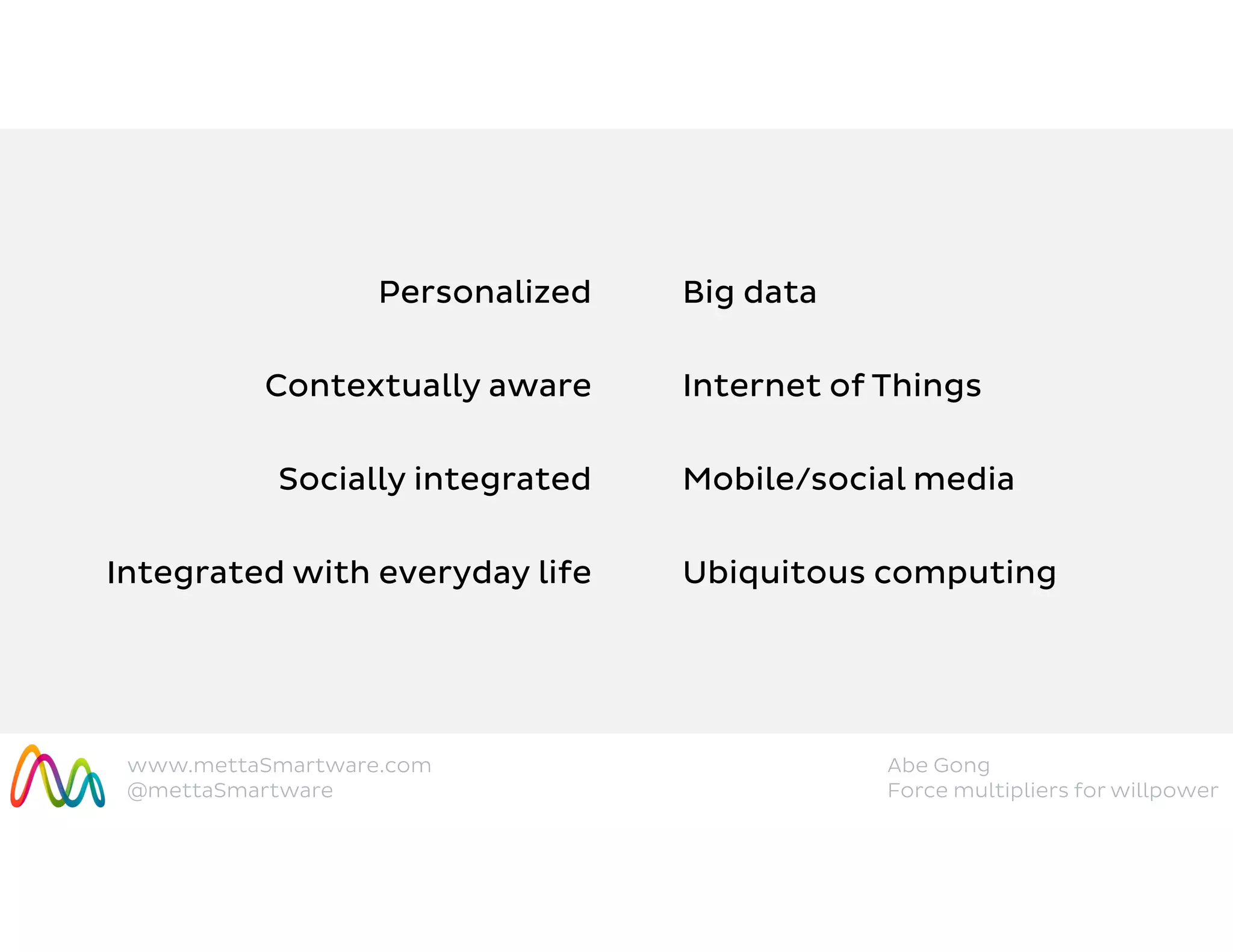 www.mettaSmartware.com
@mettaSmartware
Abe Gong
Force multipliers for willpower
Personalized Big data
Socially integrated Mobile/social media
Integrated with everyday life Ubiquitous computing
Contextually aware Internet of Things
 